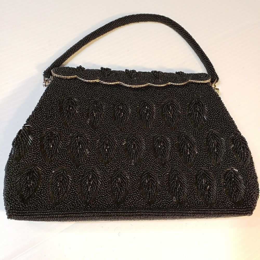 Vintage Heavily Beaded Black Formal Handbag